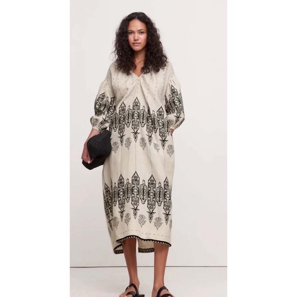Banana Republic Linen V-Neck Midi Kaftan Dress Sz S Tan Black Moroccan Print EUC